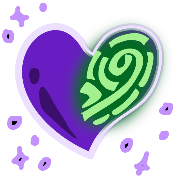 a dark Purple Heart with sparkles around it has a light green fingerprint with a dark green background on its right side.